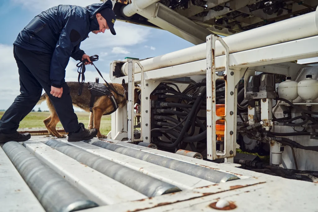Perro subiendo al avión con personal de seguridad