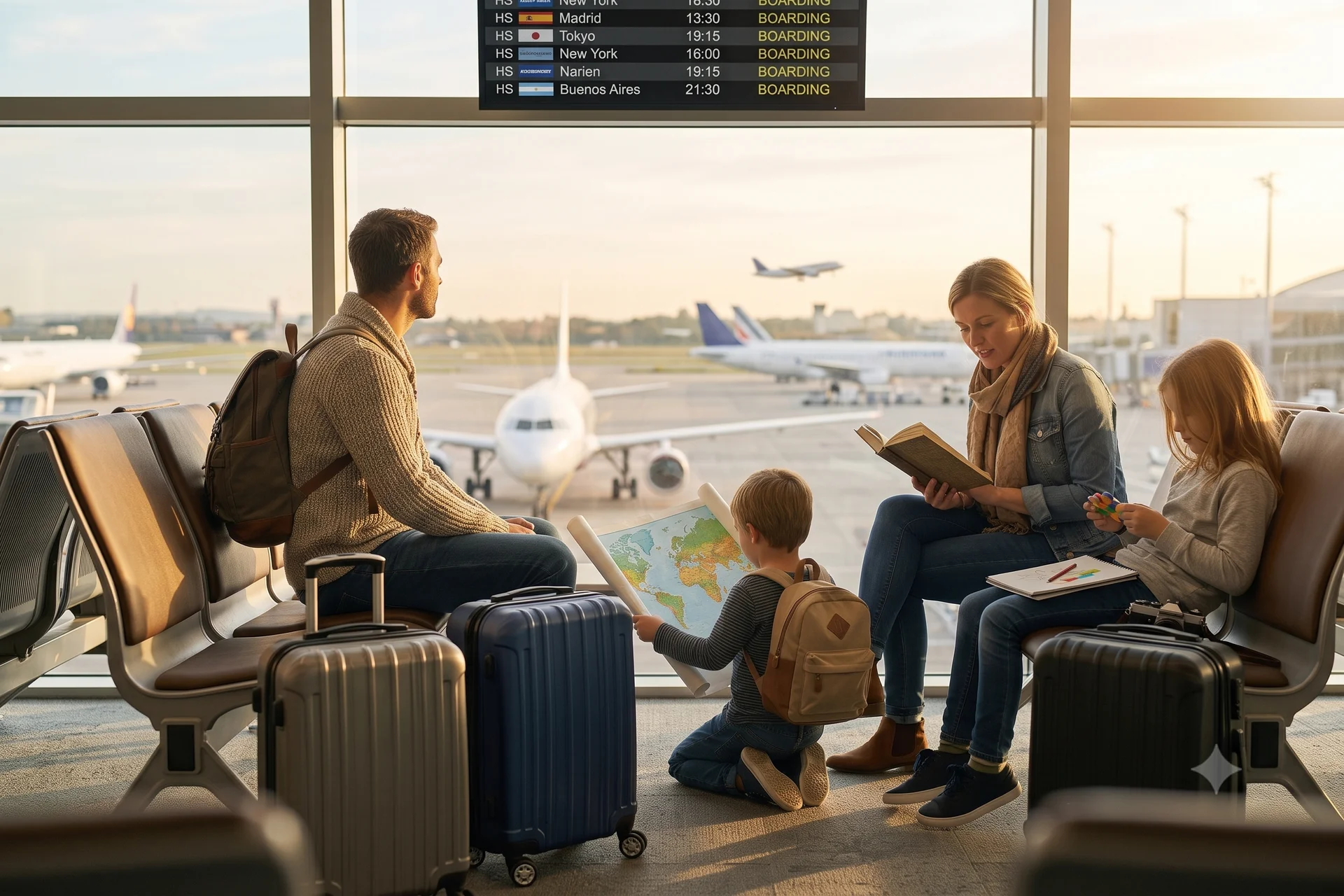 Familia en el aeropuerto esperando para embarcar