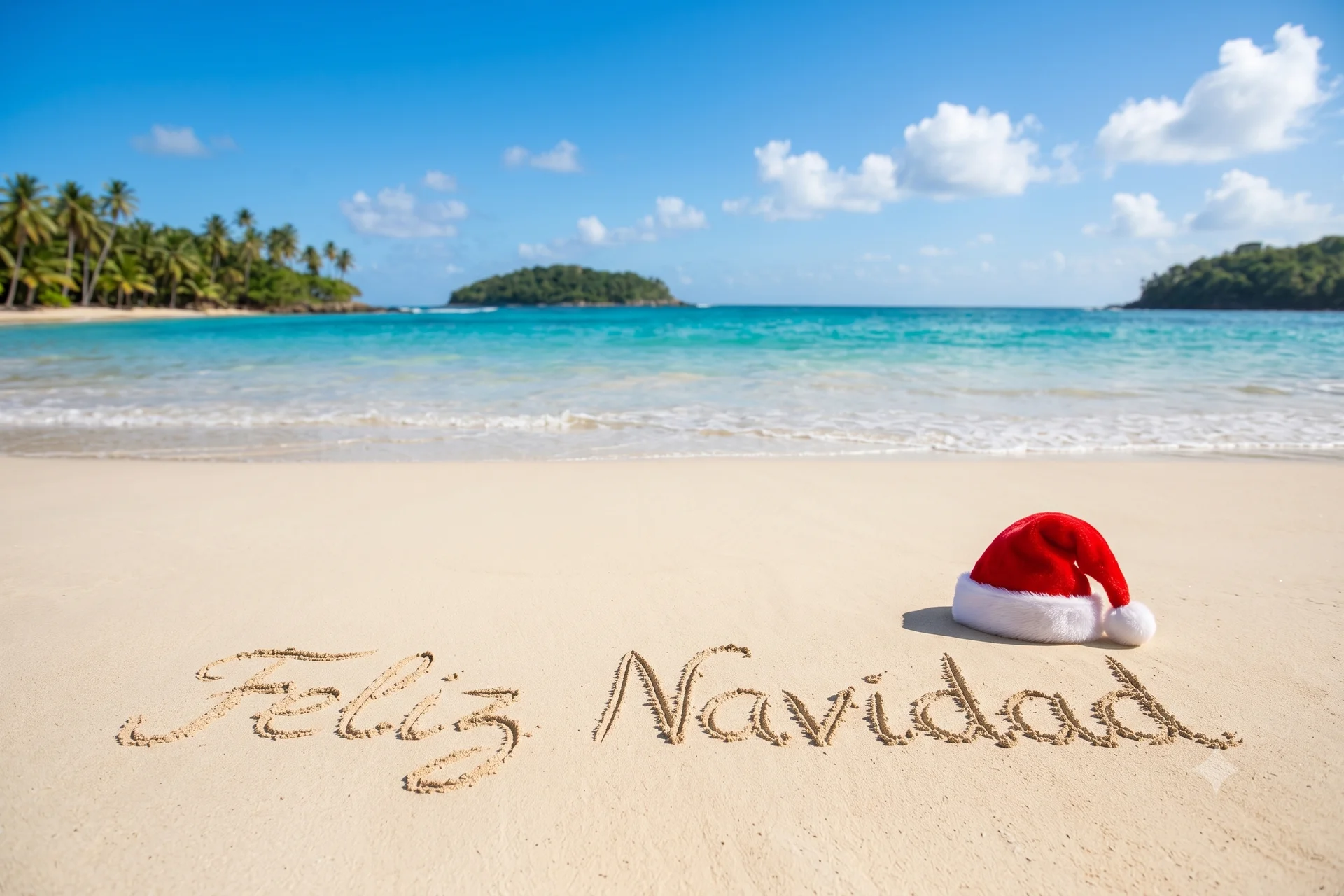 Feliz Navidad escrito en la arena de una playa paradisiaca