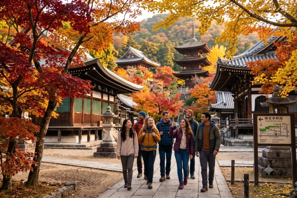 Grupo de amigos en otoño en Japón