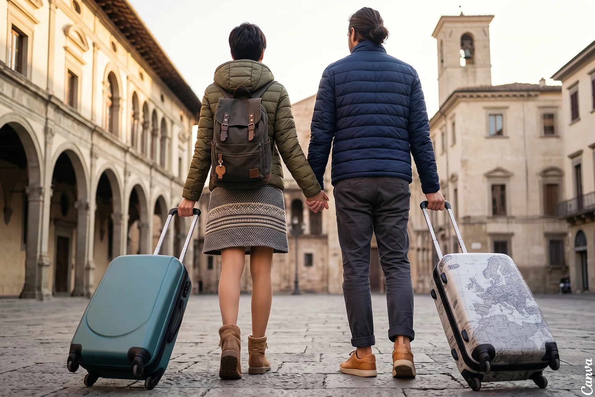 Pareja paseando por una ciudad con maletas