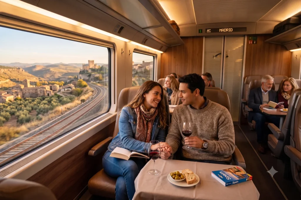 Pareja en un tren rumbo a Madrid