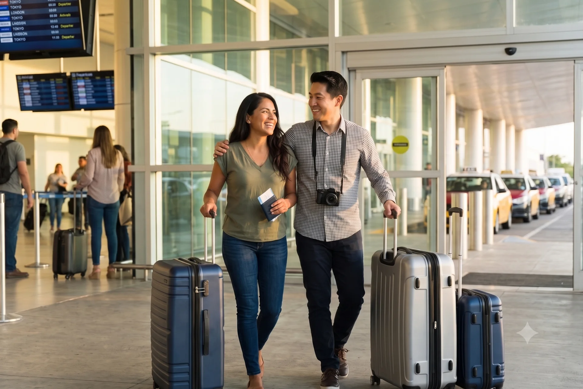 Pareja feliz en el aeropuerto con sus maletas